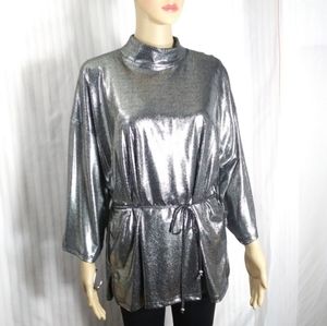WHITE STAG Silver Lame High Neck Long Sleeved Tie Waist Tunic Top EUC
